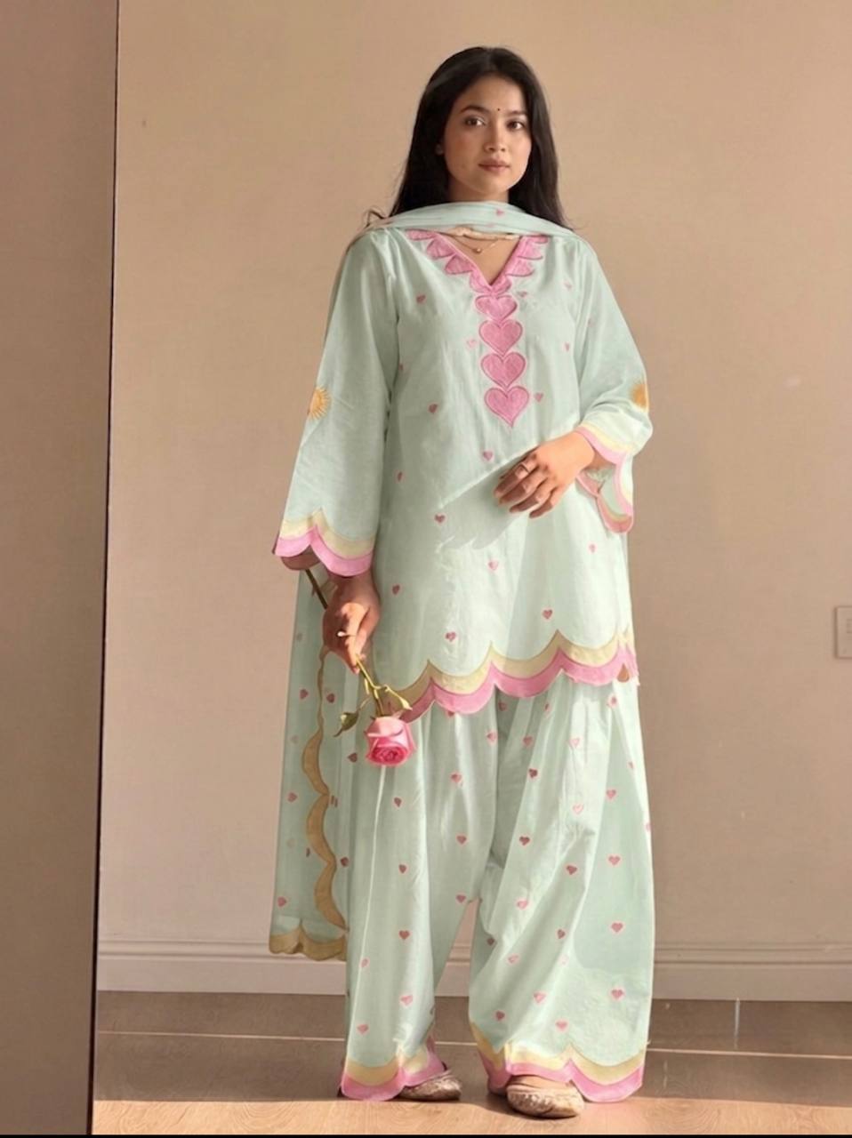 Lvory Pink Heart Work Suit with Dupatta Set
