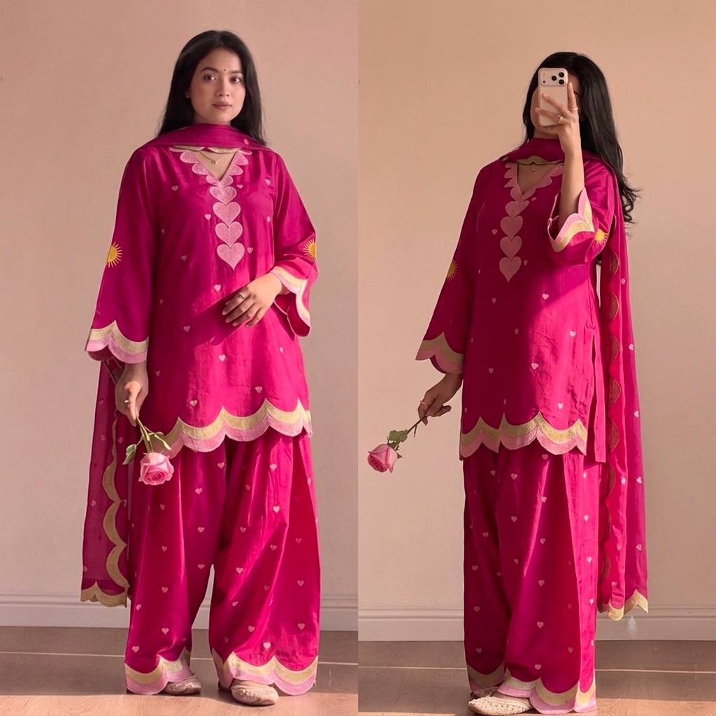 Lvory Pink Heart Work Suit with Dupatta Set