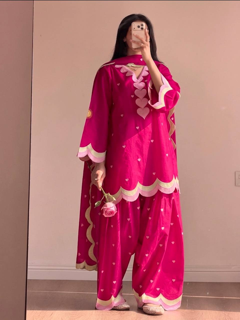 Lvory Pink Heart Work Suit with Dupatta Set