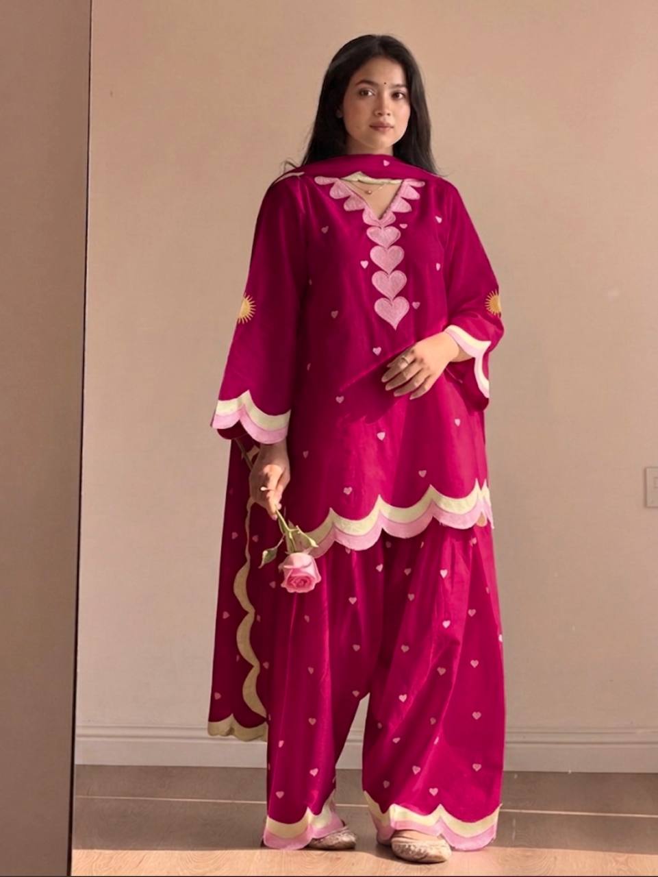 Lvory Pink Heart Work Suit with Dupatta Set
