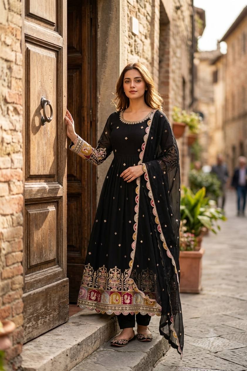 Regal Charm Black Embroidered Anarkali