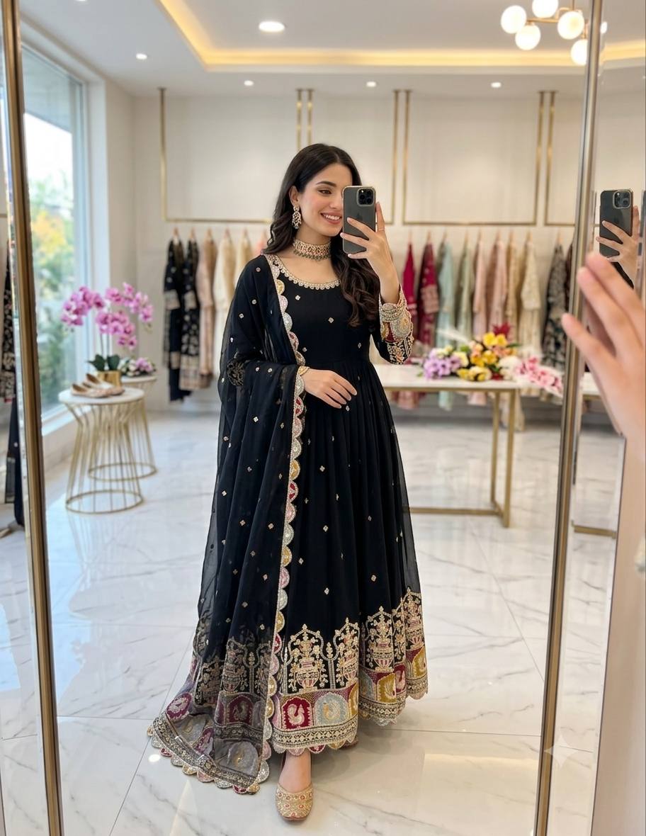 Regal Charm Black Embroidered Anarkali