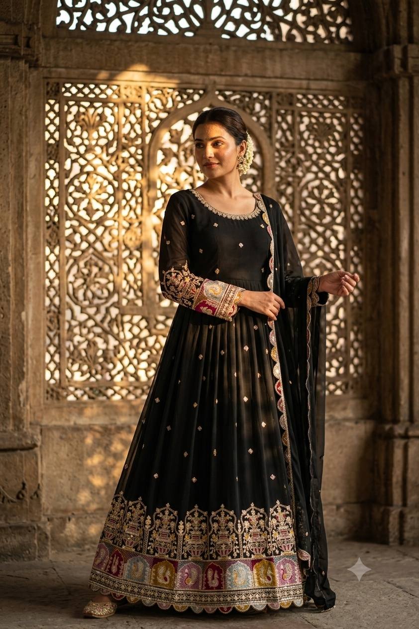 Regal Charm Black Embroidered Anarkali