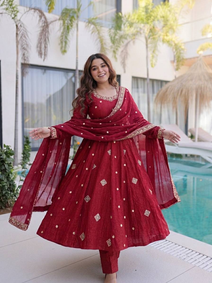 Stunning Red Anarkali Suit with Embroidery