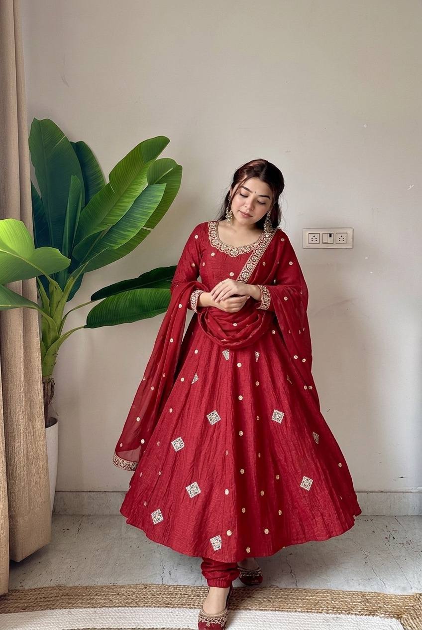 Stunning Red Anarkali Suit with Embroidery
