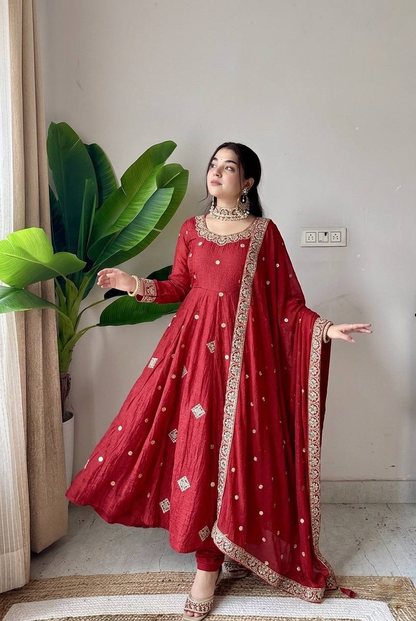Stunning Red Anarkali Suit with Embroidery