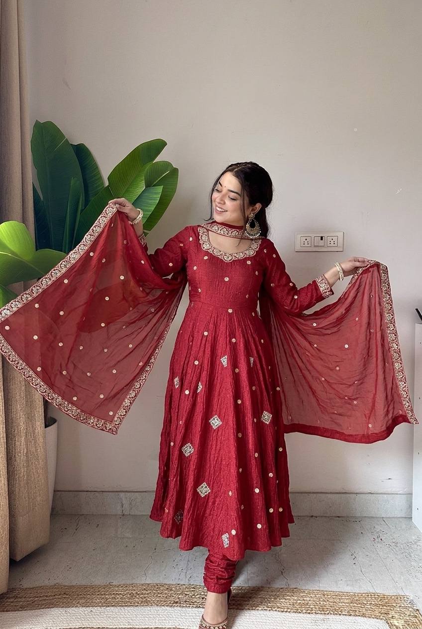 Stunning Red Anarkali Suit with Embroidery