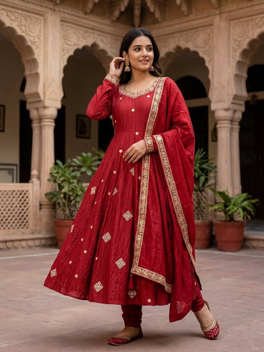 Stunning Red Anarkali Suit with Embroidery