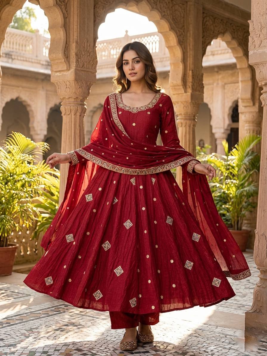 Stunning Red Anarkali Suit with Embroidery