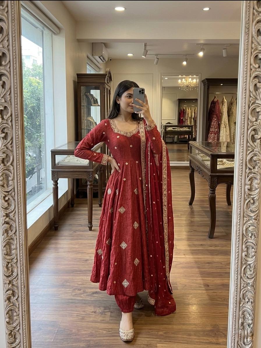 Stunning Red Anarkali Suit with Embroidery