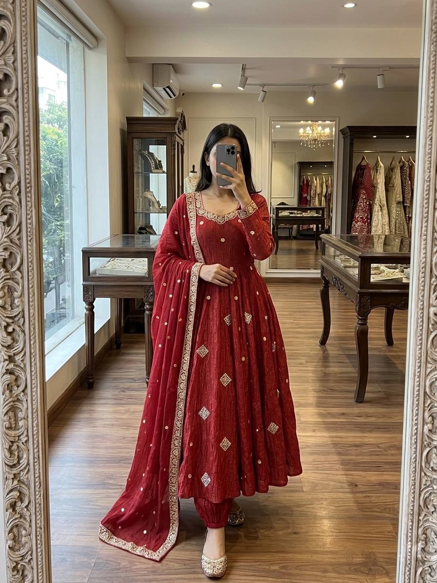 Stunning Red Anarkali Suit with Embroidery