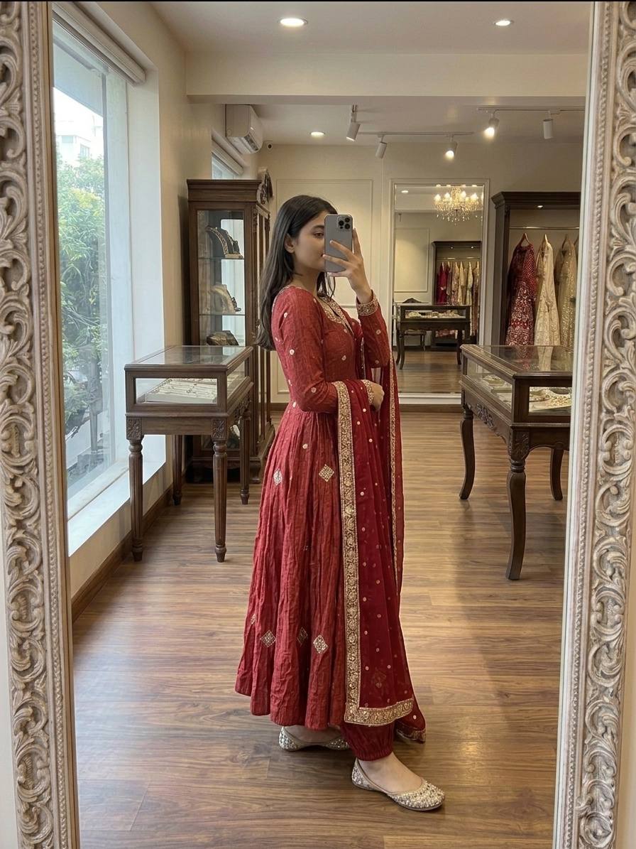 Stunning Red Anarkali Suit with Embroidery