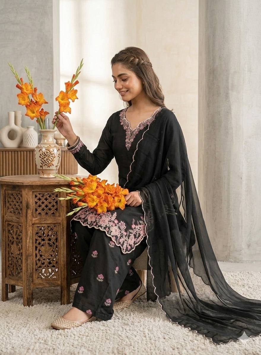 Timeless Black Suit with Floral Detailing
