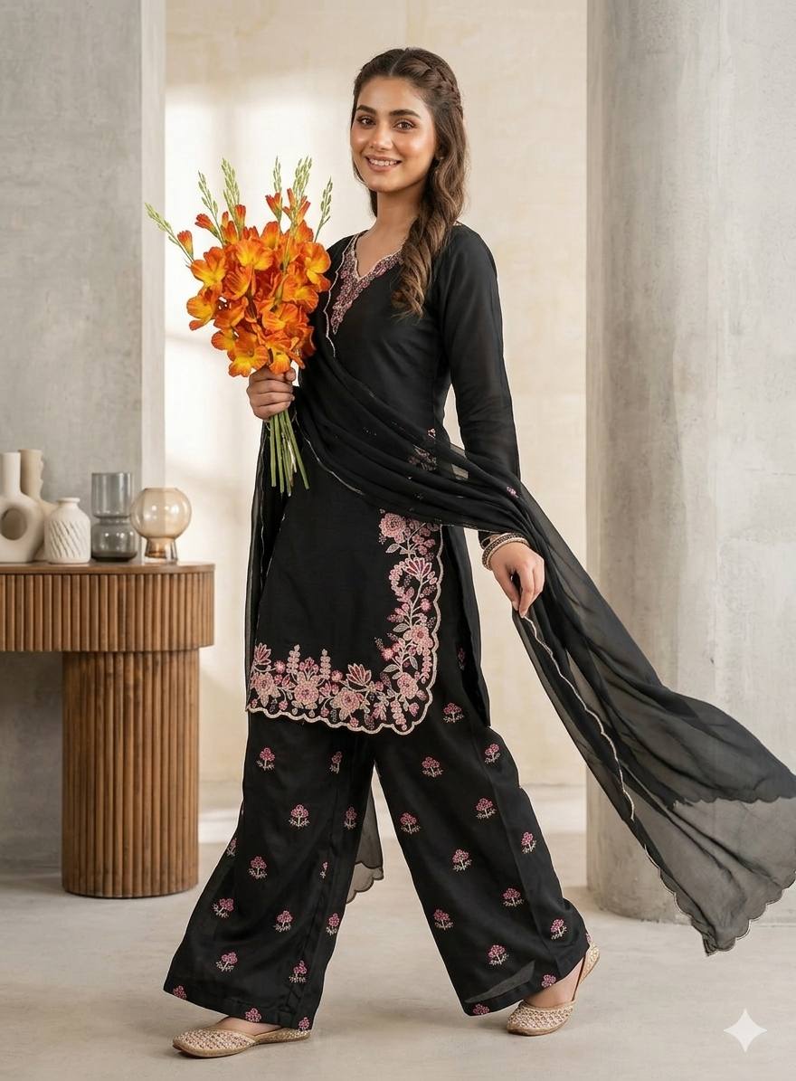 Timeless Black Suit with Floral Detailing