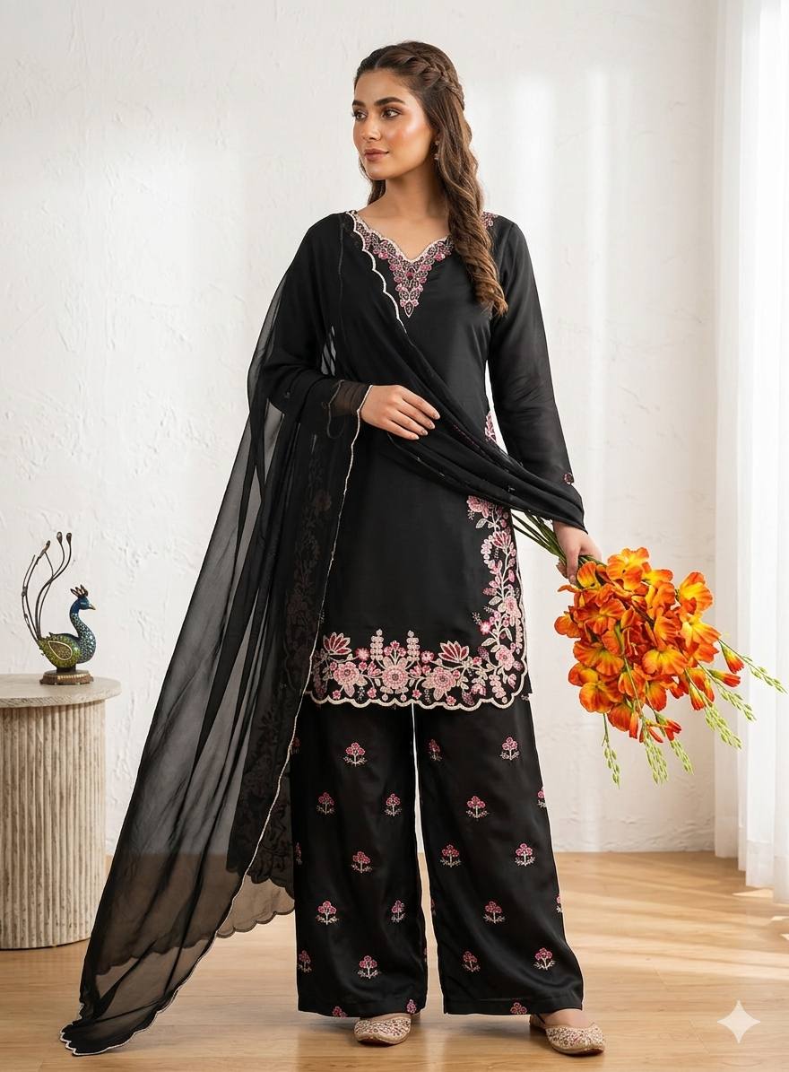 Timeless Black Suit with Floral Detailing