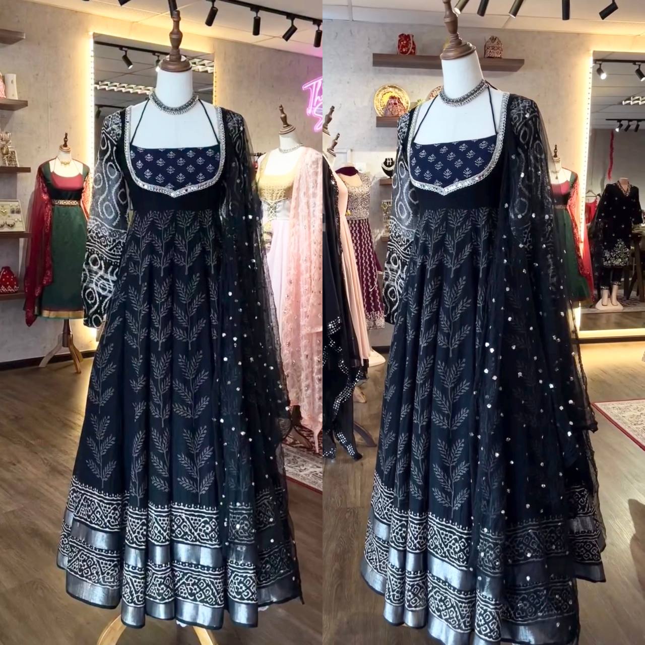 Classic Neavy Blue Print Muslin Cotton Anarkali Set