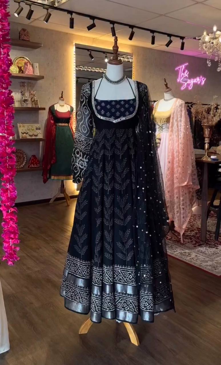 Classic Neavy Blue Print Muslin Cotton Anarkali Set