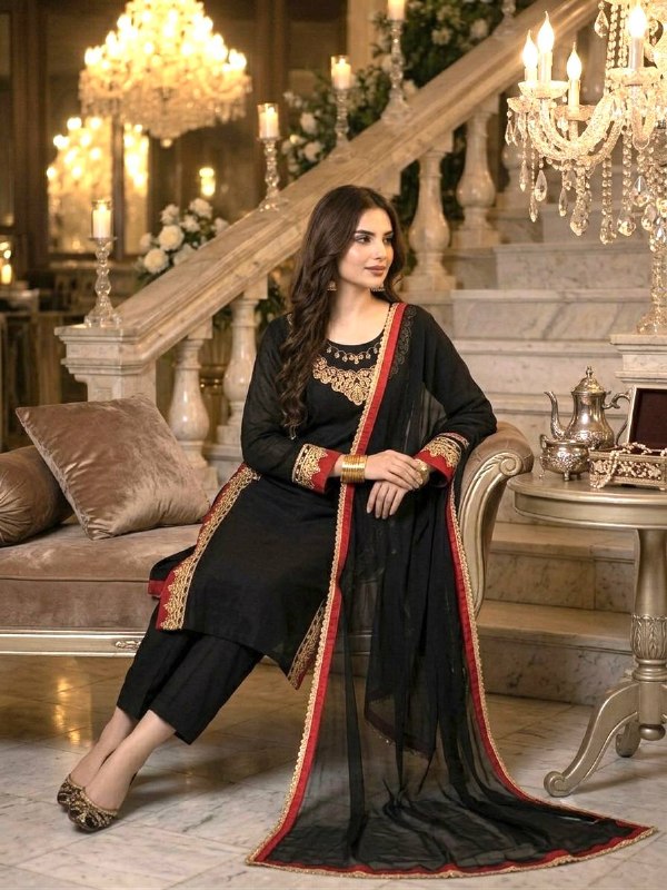 Chic Black Suit Adorned with Golden Threads