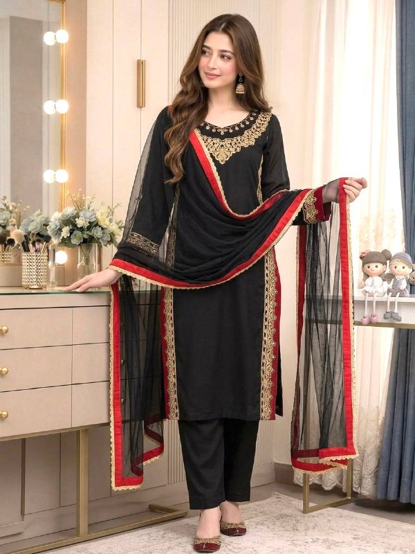 Chic Black Suit Adorned with Golden Threads