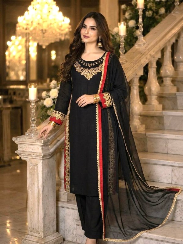 Chic Black Suit Adorned with Golden Threads