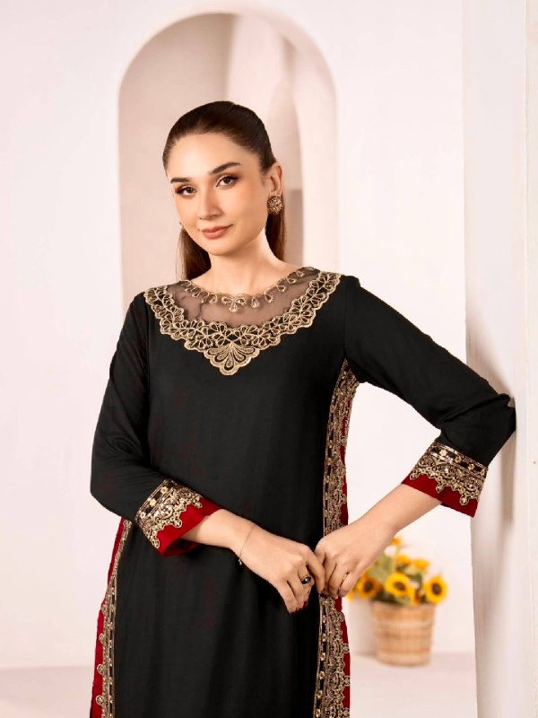 Chic Black Suit Adorned with Golden Threads