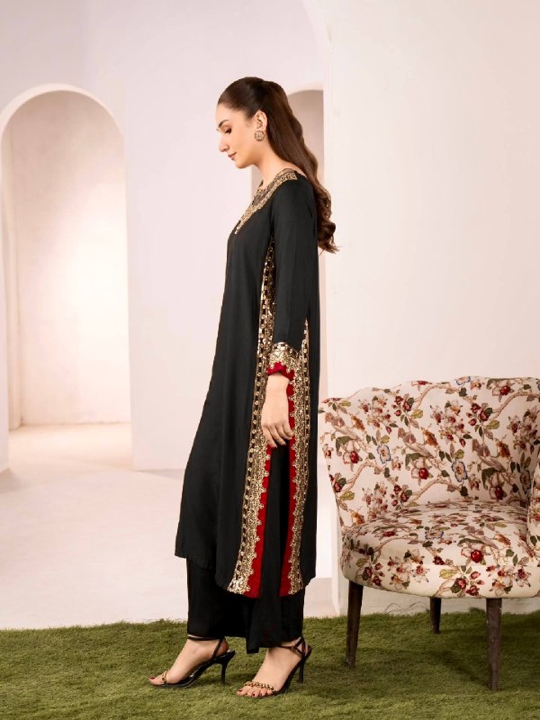 Chic Black Suit Adorned with Golden Threads