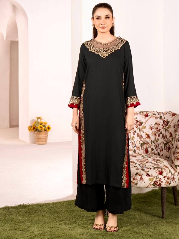 Chic Black Suit Adorned with Golden Threads