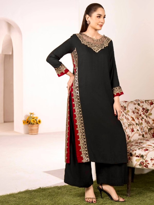 Chic Black Suit Adorned with Golden Threads