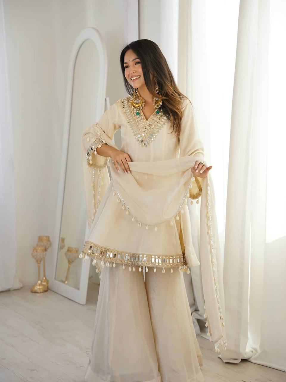 Elegant mirror work traditional sharara suit outfit