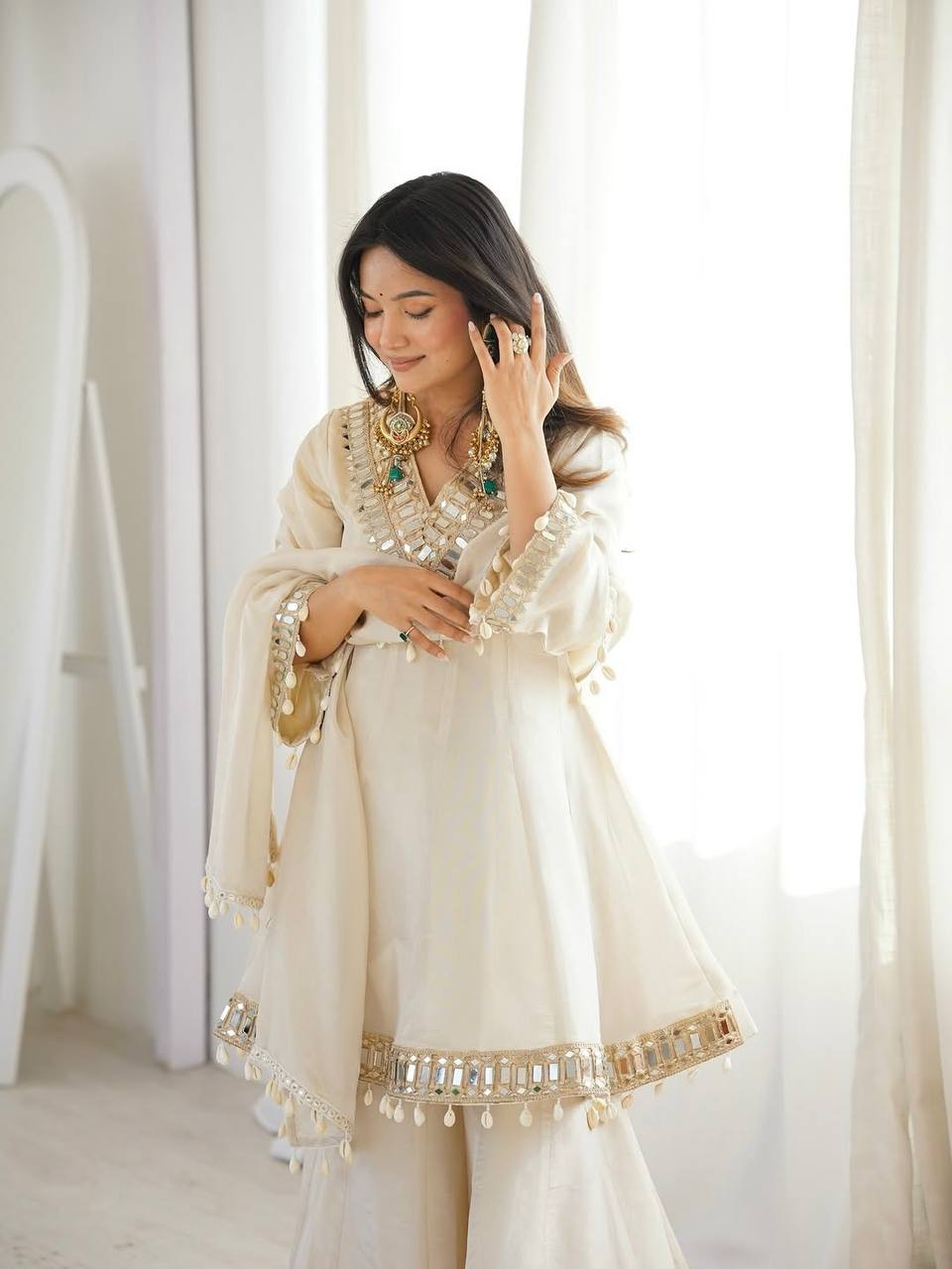 Elegant mirror work traditional sharara suit outfit