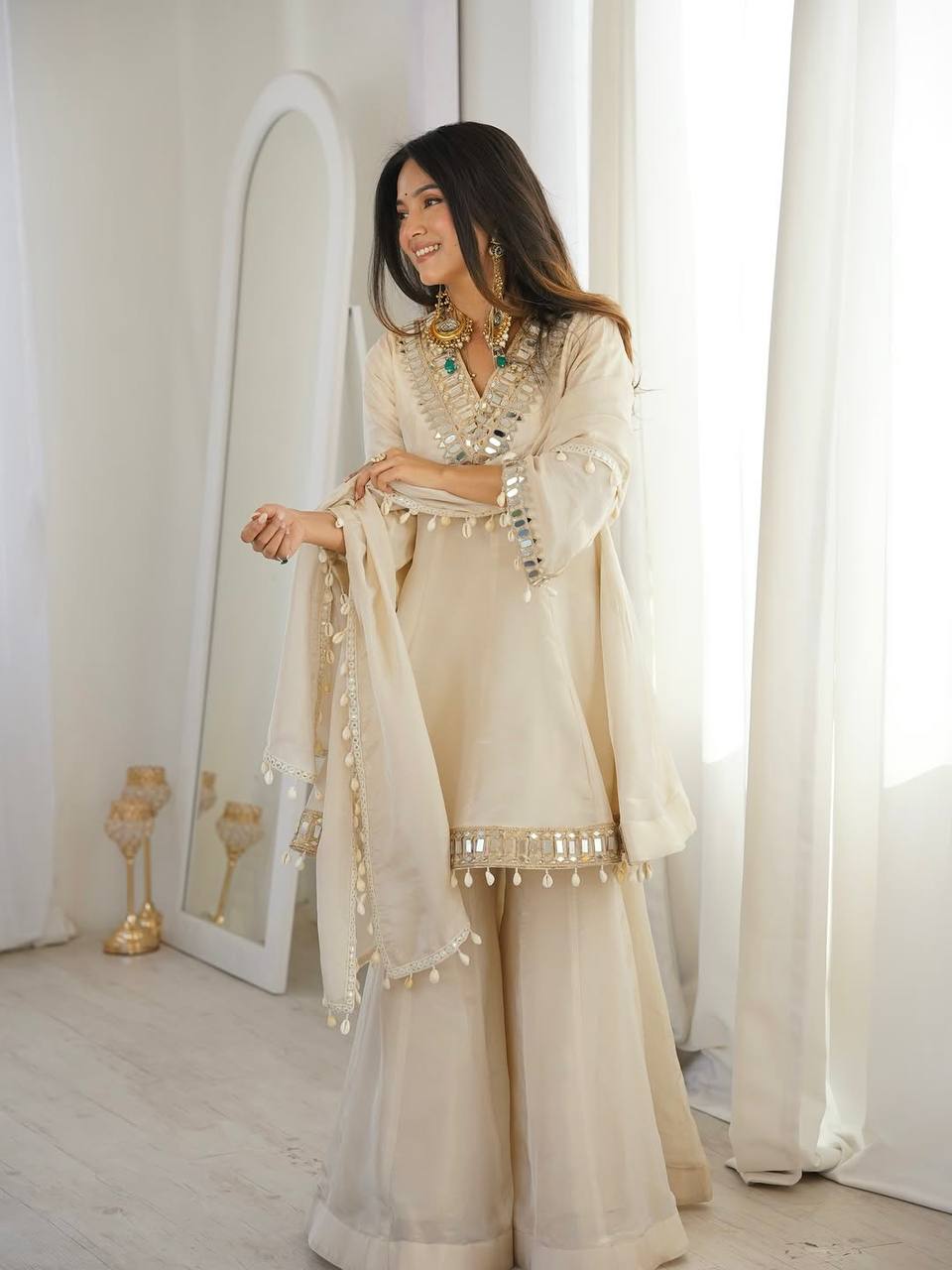 Elegant mirror work traditional sharara suit outfit