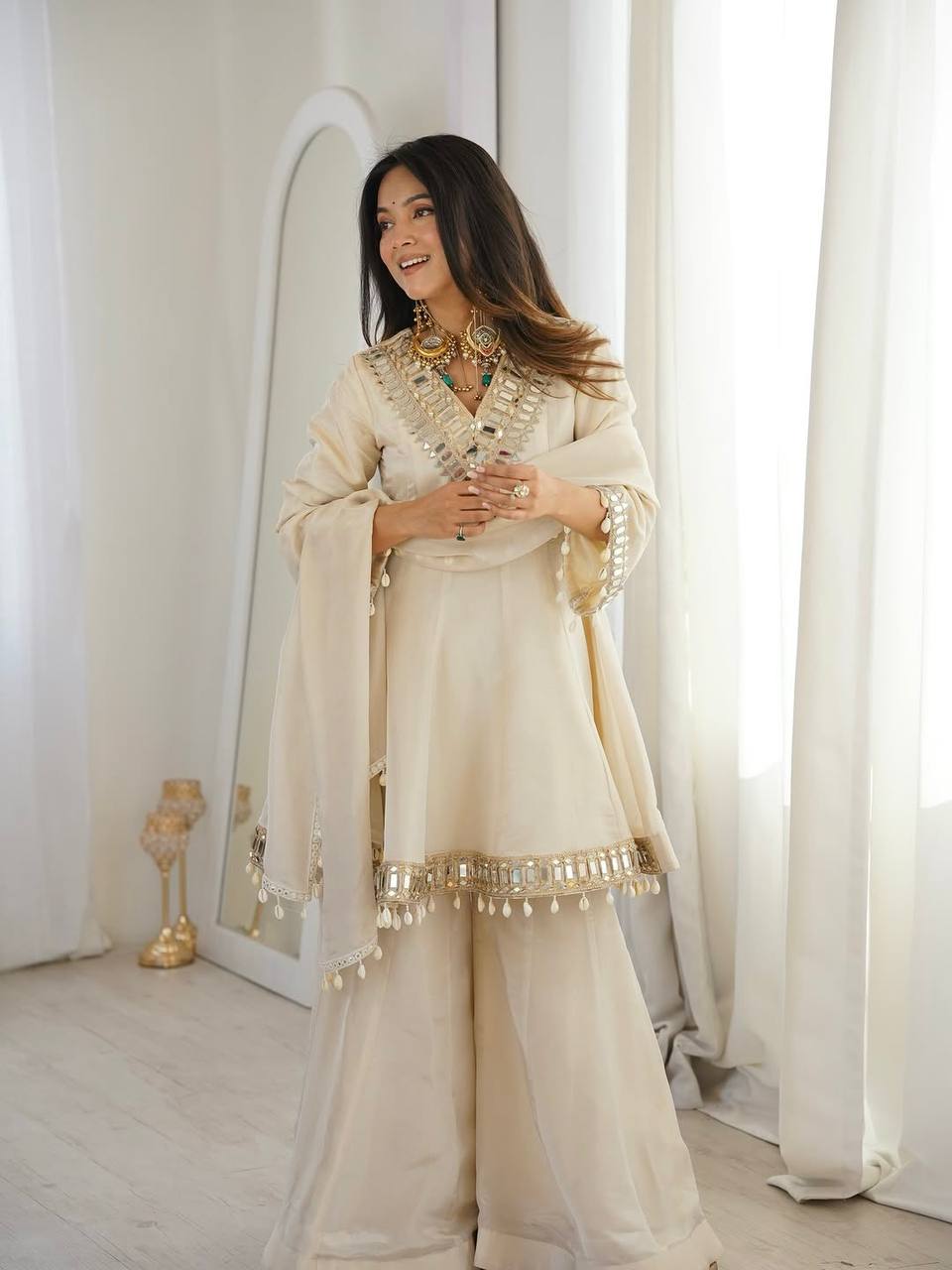 Elegant mirror work traditional sharara suit outfit