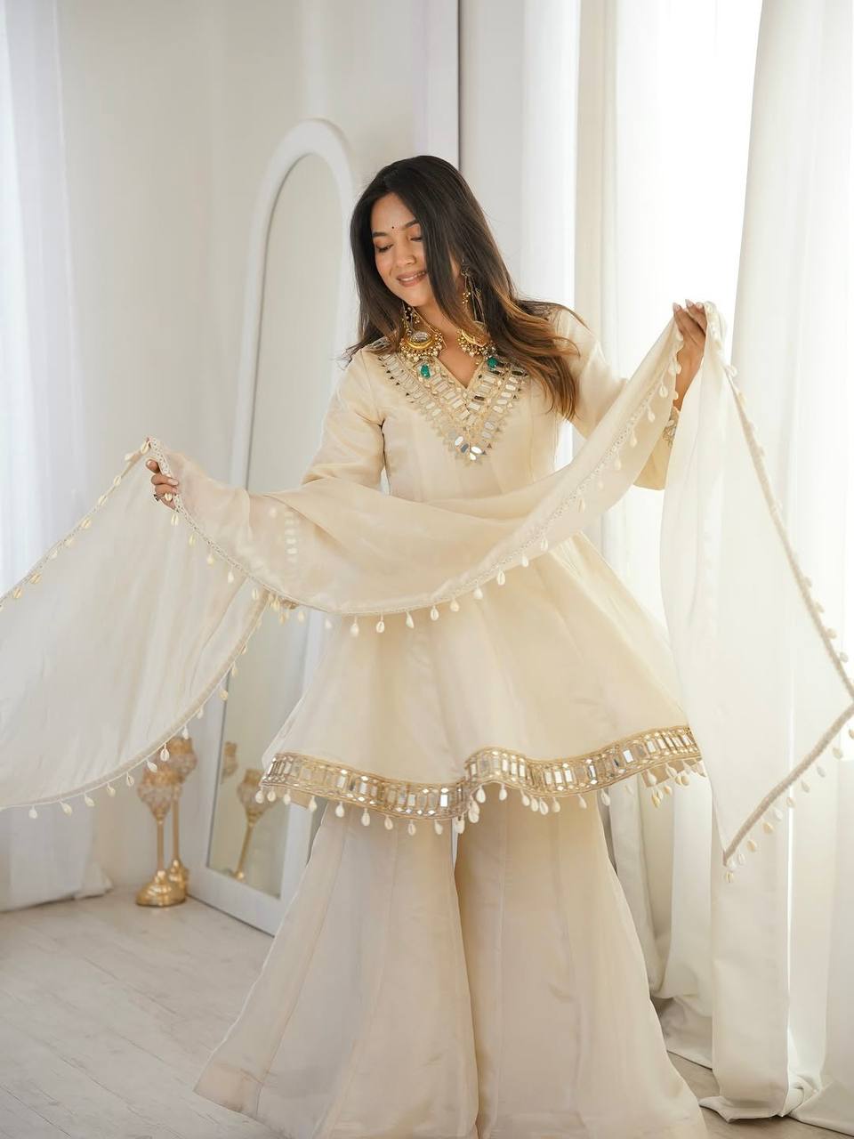 Elegant mirror work traditional sharara suit outfit