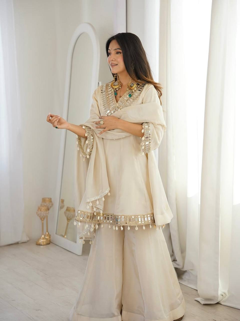 Elegant mirror work traditional sharara suit outfit