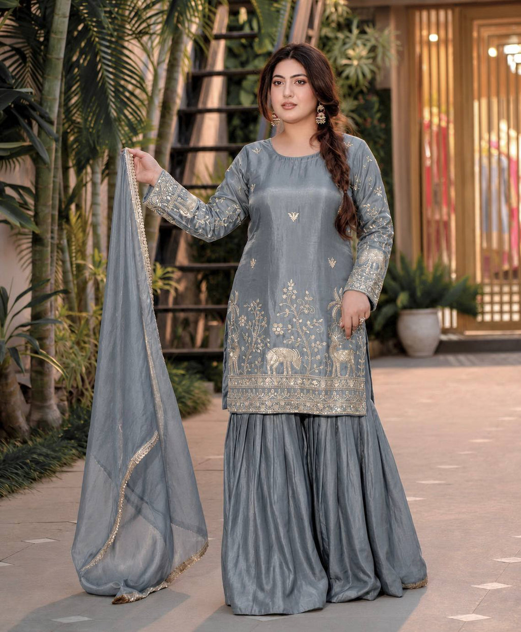 Luxurious Grey Suit Featuring Golden Accents