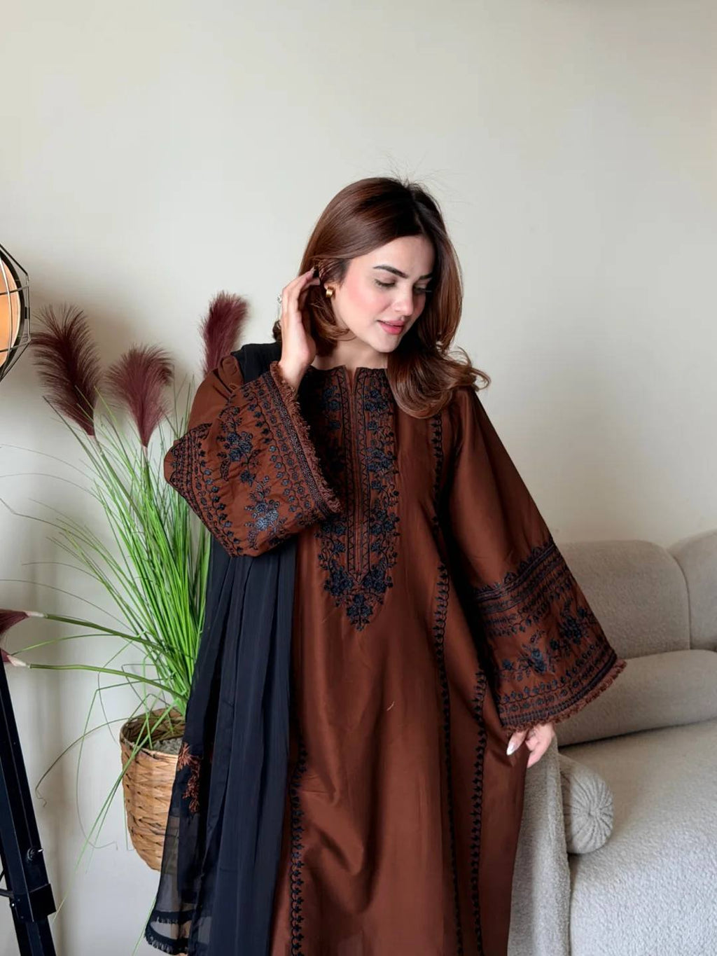 Brown embroidered salwar suit with dupatta