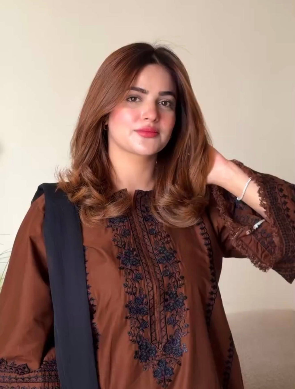 Brown embroidered salwar suit with dupatta