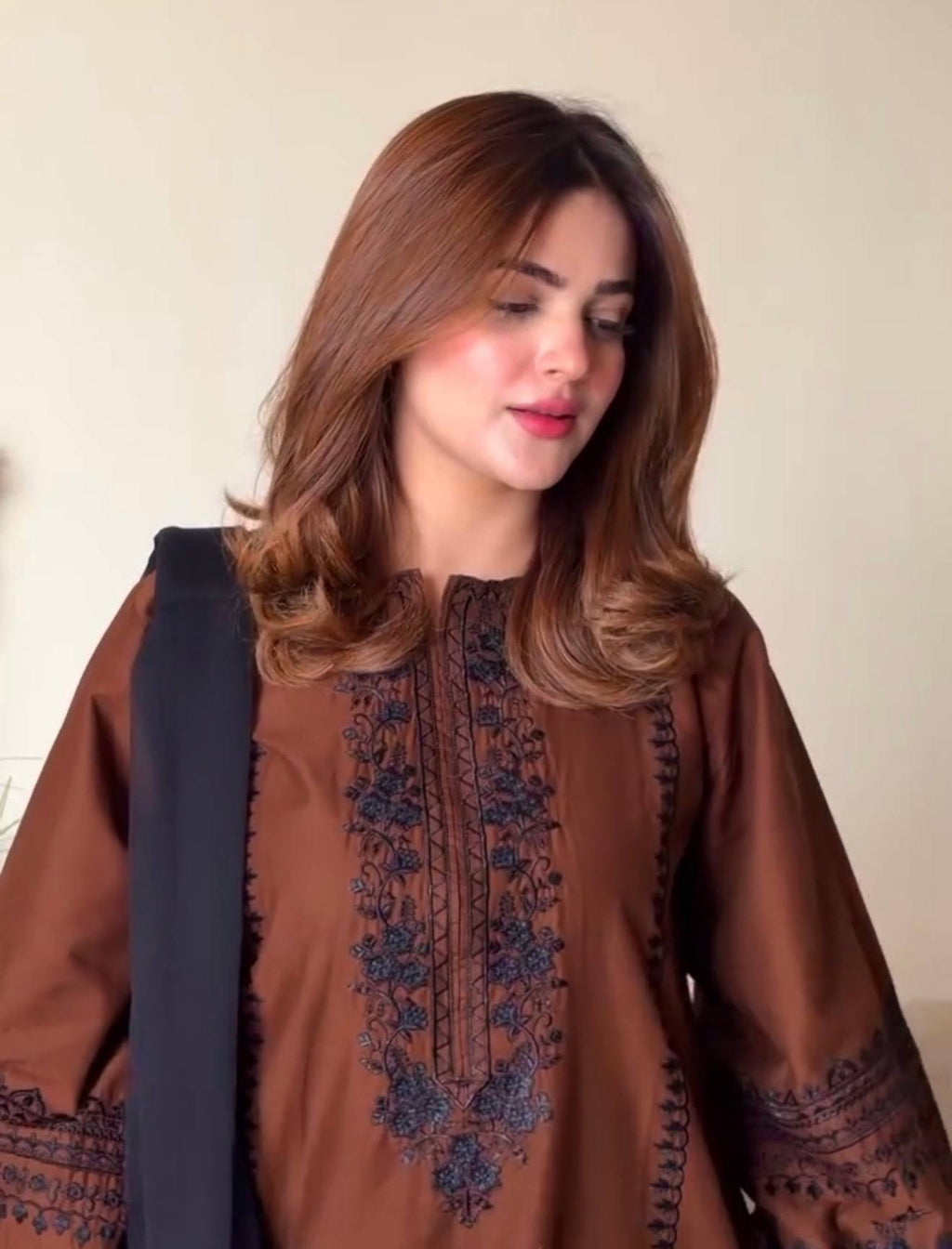 Brown embroidered salwar suit with dupatta