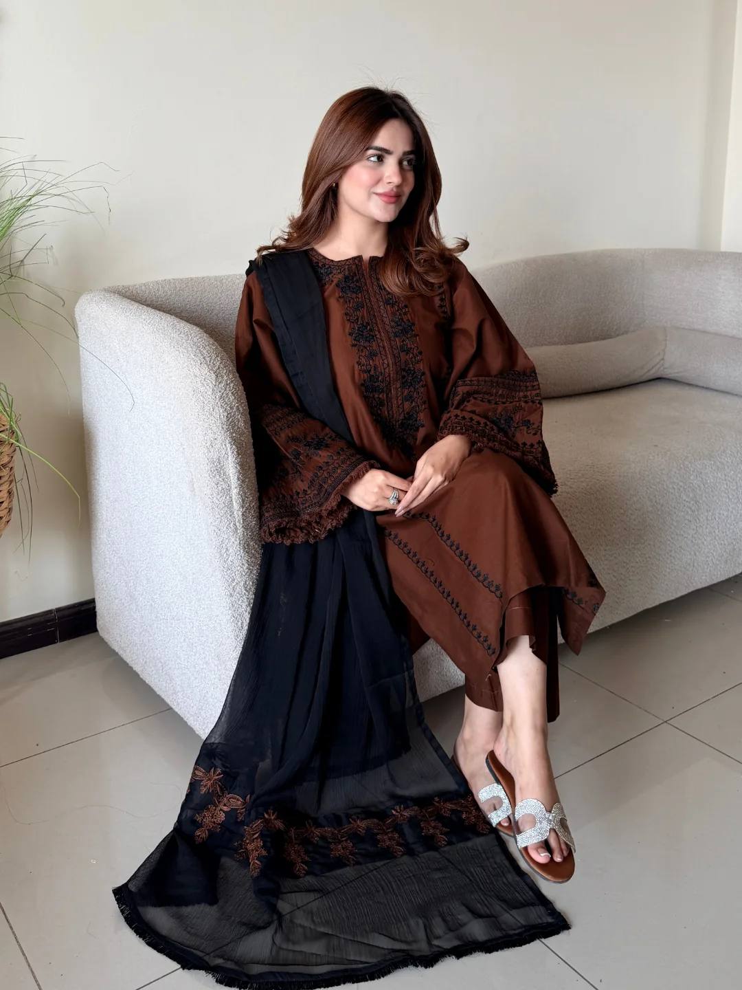 Brown embroidered salwar suit with dupatta