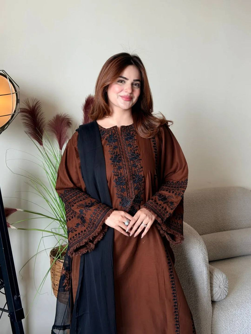 Brown embroidered salwar suit with dupatta