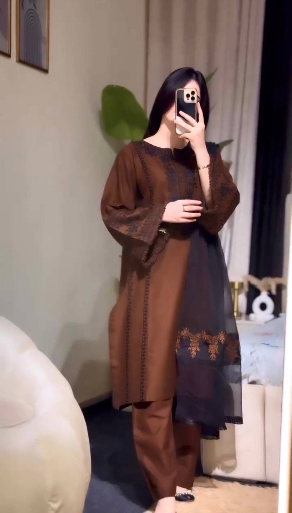 Brown embroidered salwar suit with dupatta