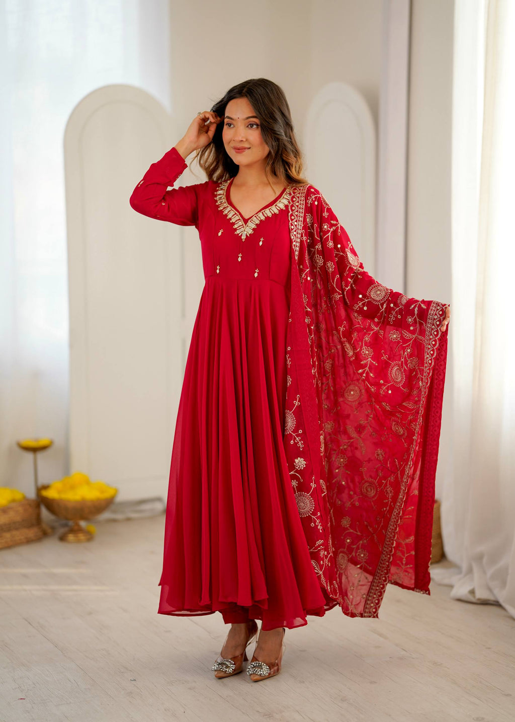 Elegant red Anarkali suit with embroidered dupatta