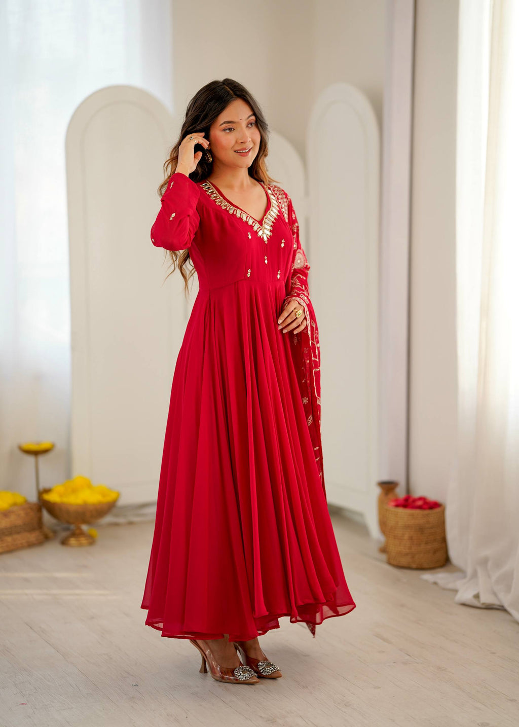 Elegant red Anarkali suit with embroidered dupatta