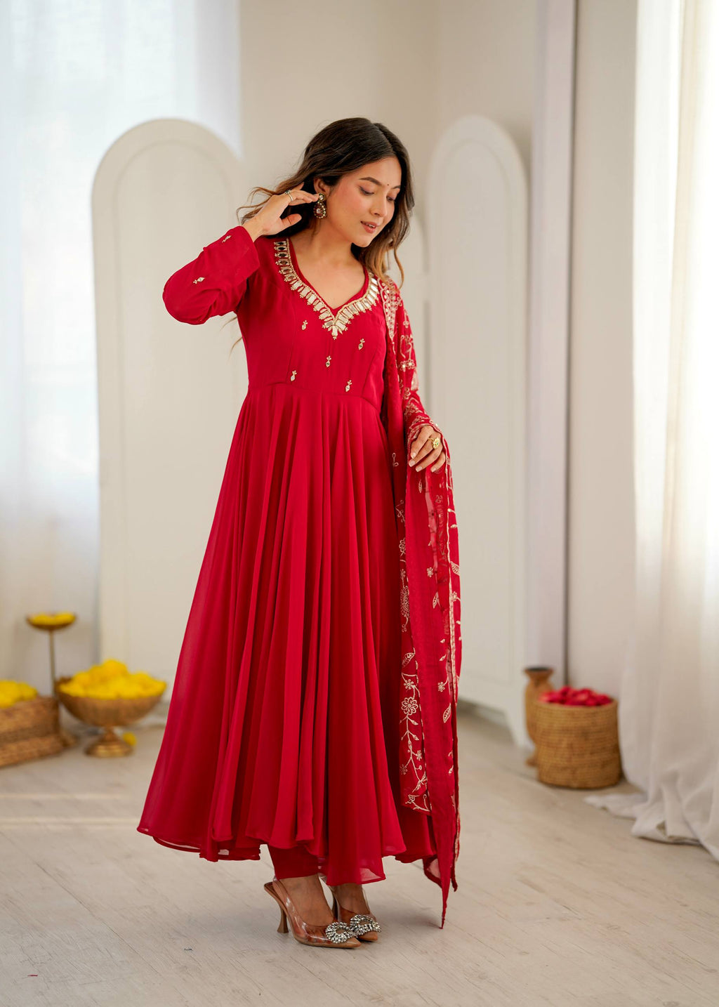 Elegant red Anarkali suit with embroidered dupatta