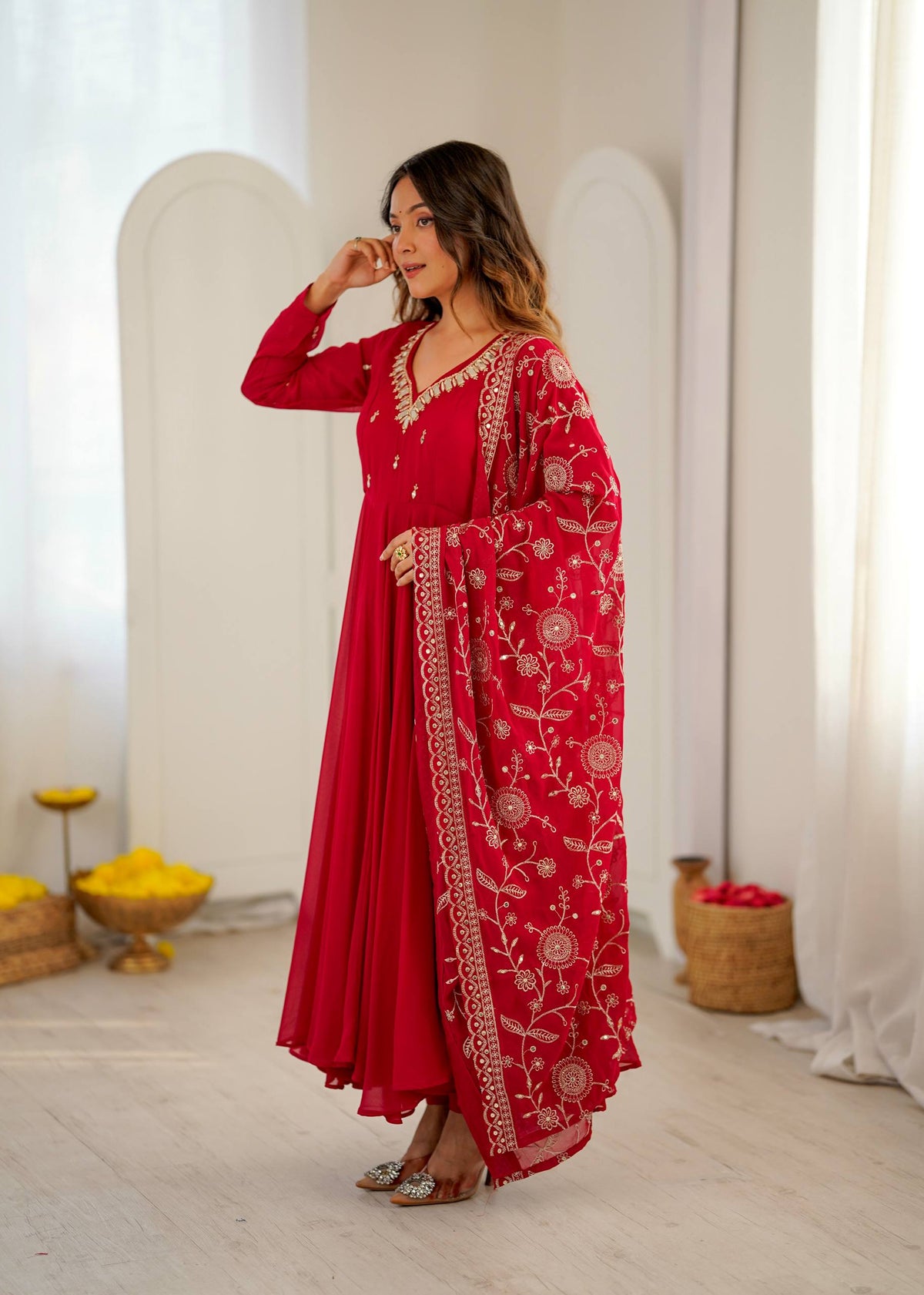 Elegant red Anarkali suit with embroidered dupatta