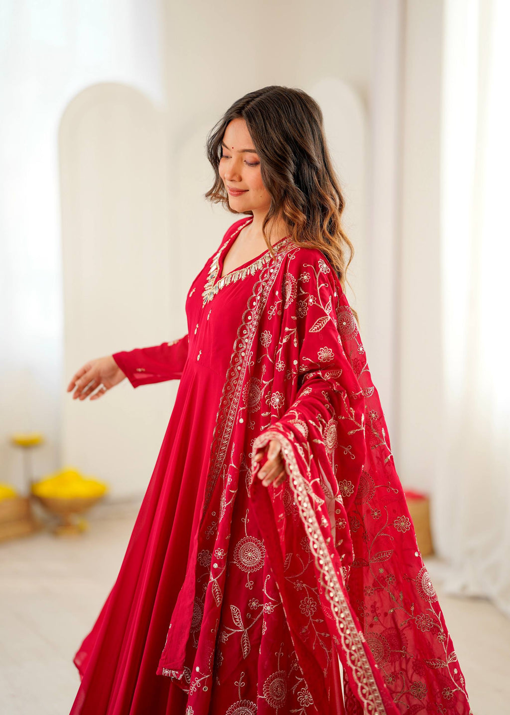 Elegant red Anarkali suit with embroidered dupatta