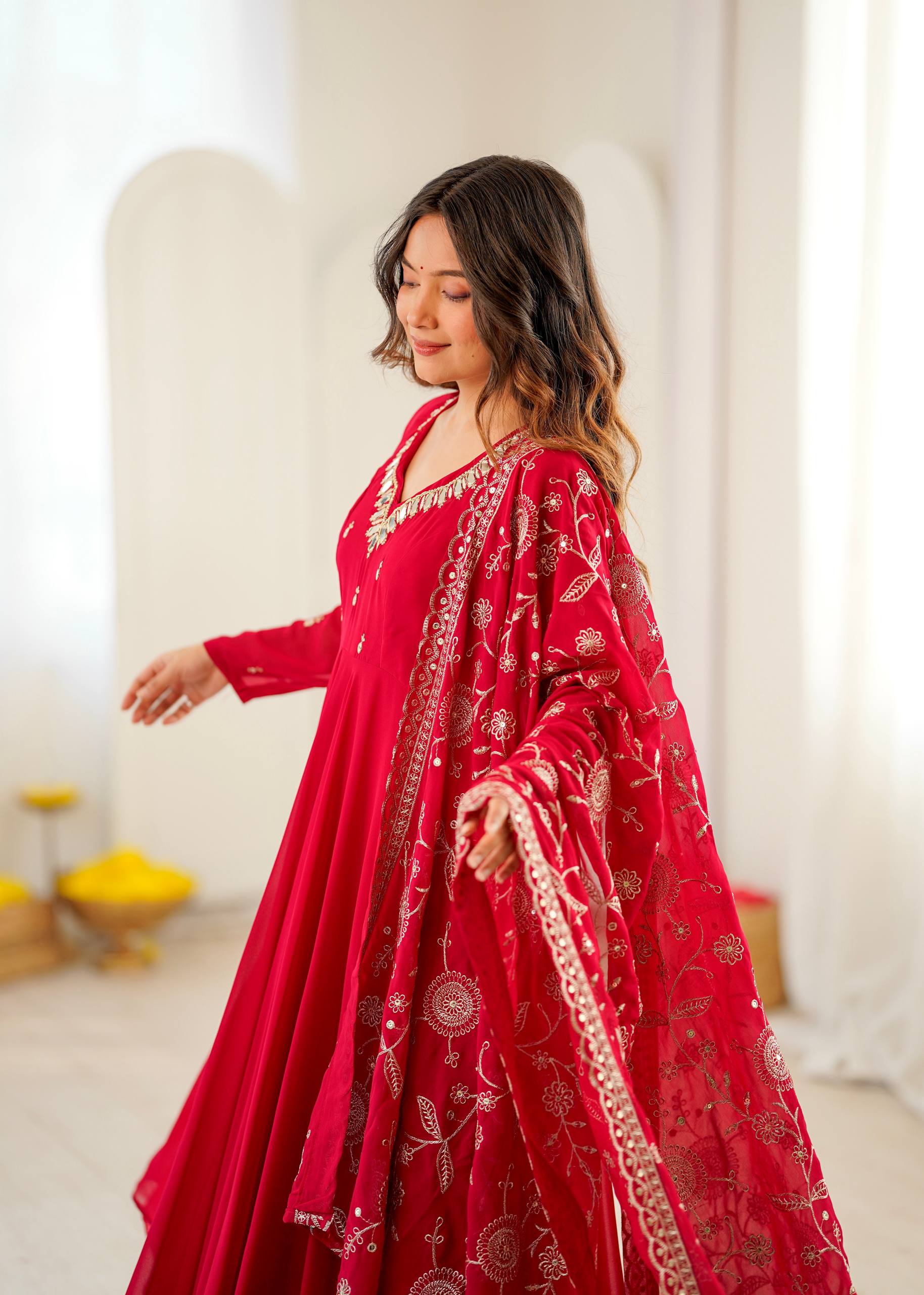 Elegant red Anarkali suit with embroidered dupatta