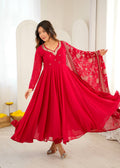 Elegant red Anarkali suit with embroidered dupatta