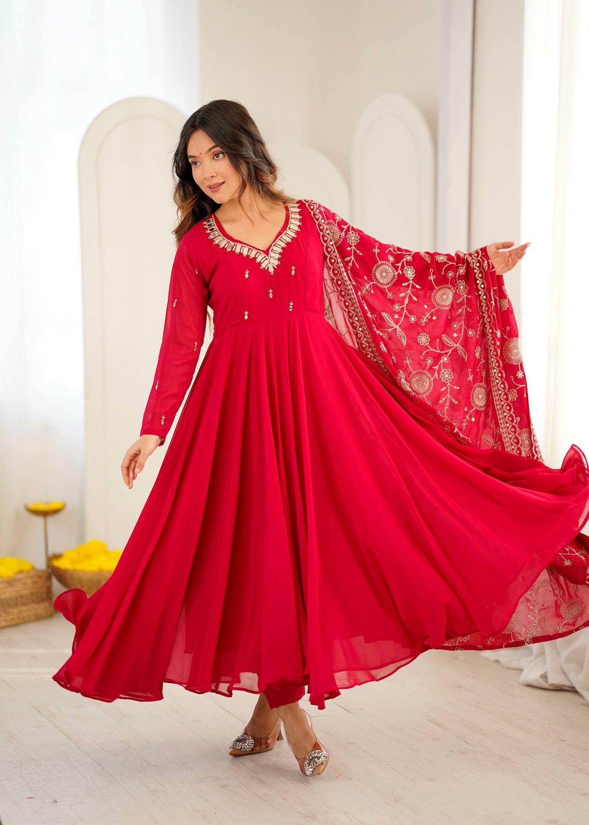 Elegant red Anarkali suit with embroidered dupatta