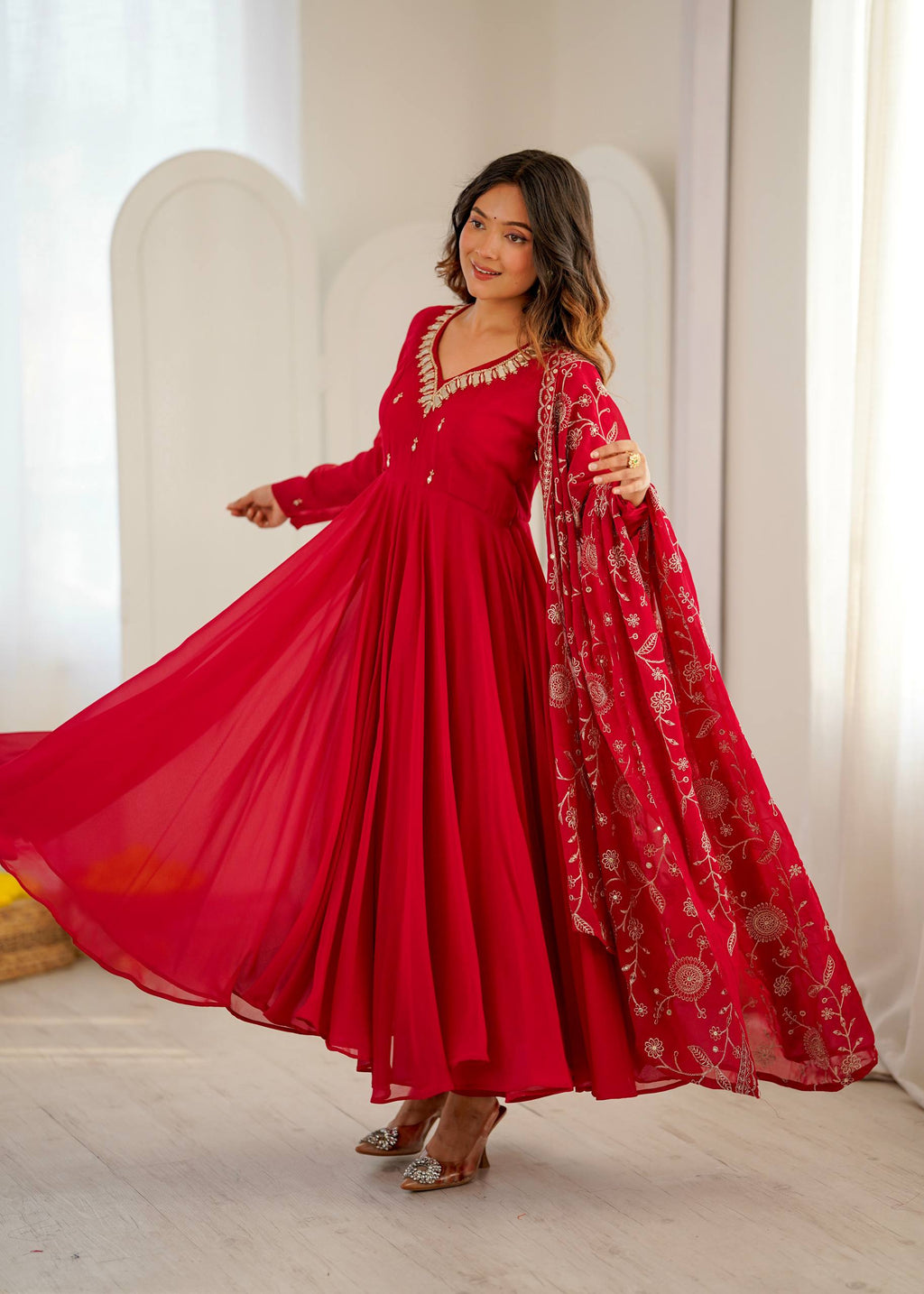 Elegant red Anarkali suit with embroidered dupatta